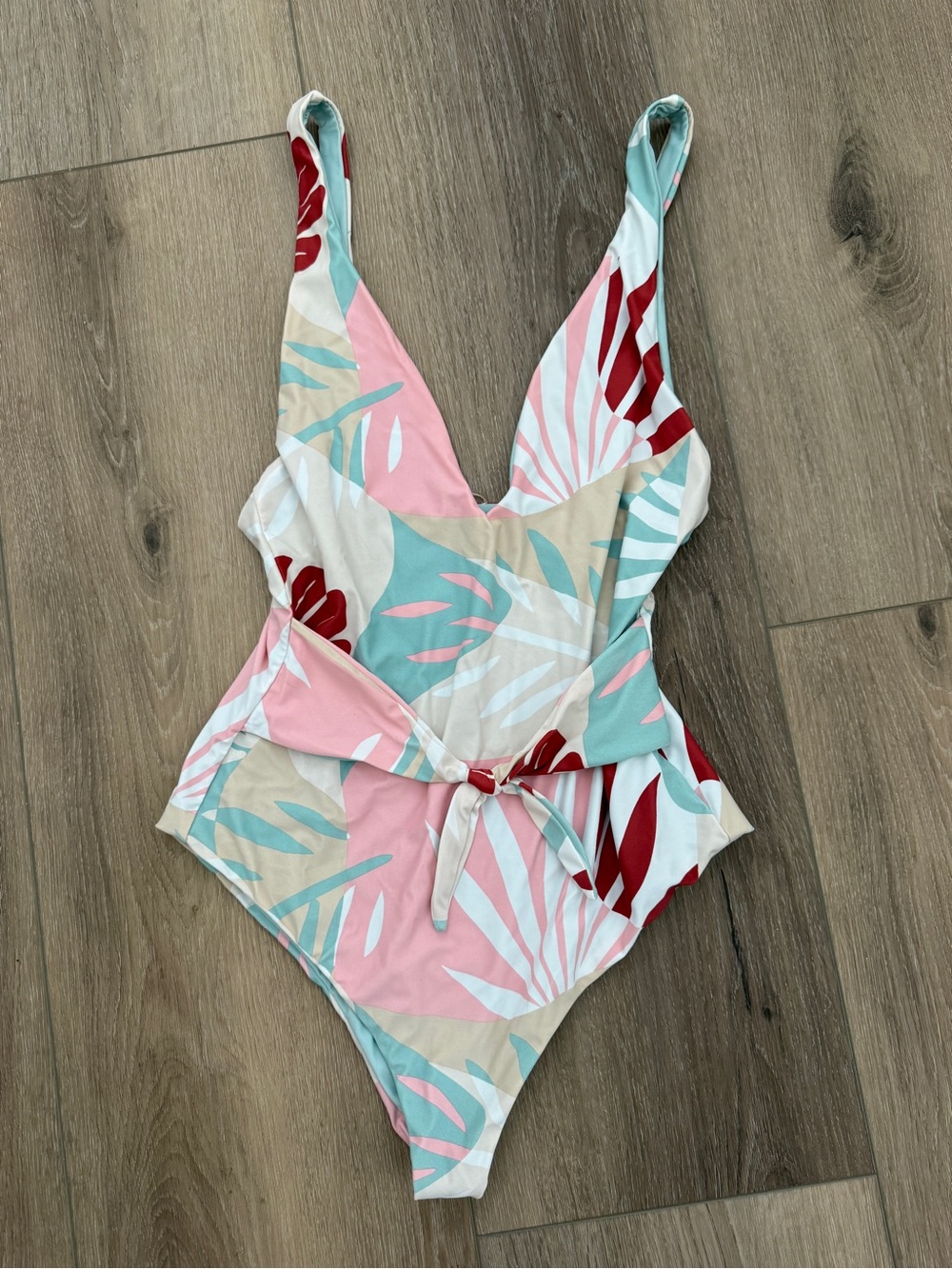 Amuse Society One-Piece Swimsuit in Pink, Aqua & Red - Tropical Leaf Print